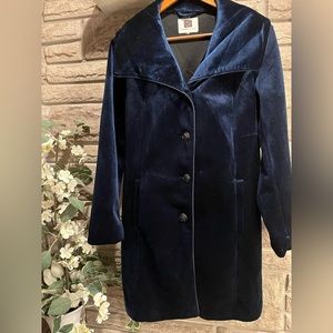 Vintage blue velvet pea coat with gold buttons. Size M.